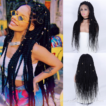 Black Box Braided Transparent Lace Front Wig With Baby Hair Braids Long Straight Synthetic Wigs For Afro Black Women Daily Wear